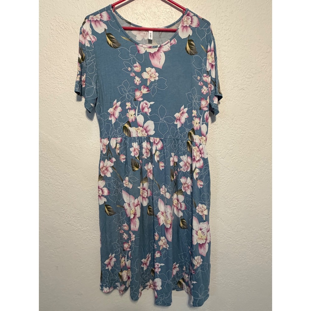 DB Moon Blue Floral Empire Waist Short Sleeve Pocket Dress XL